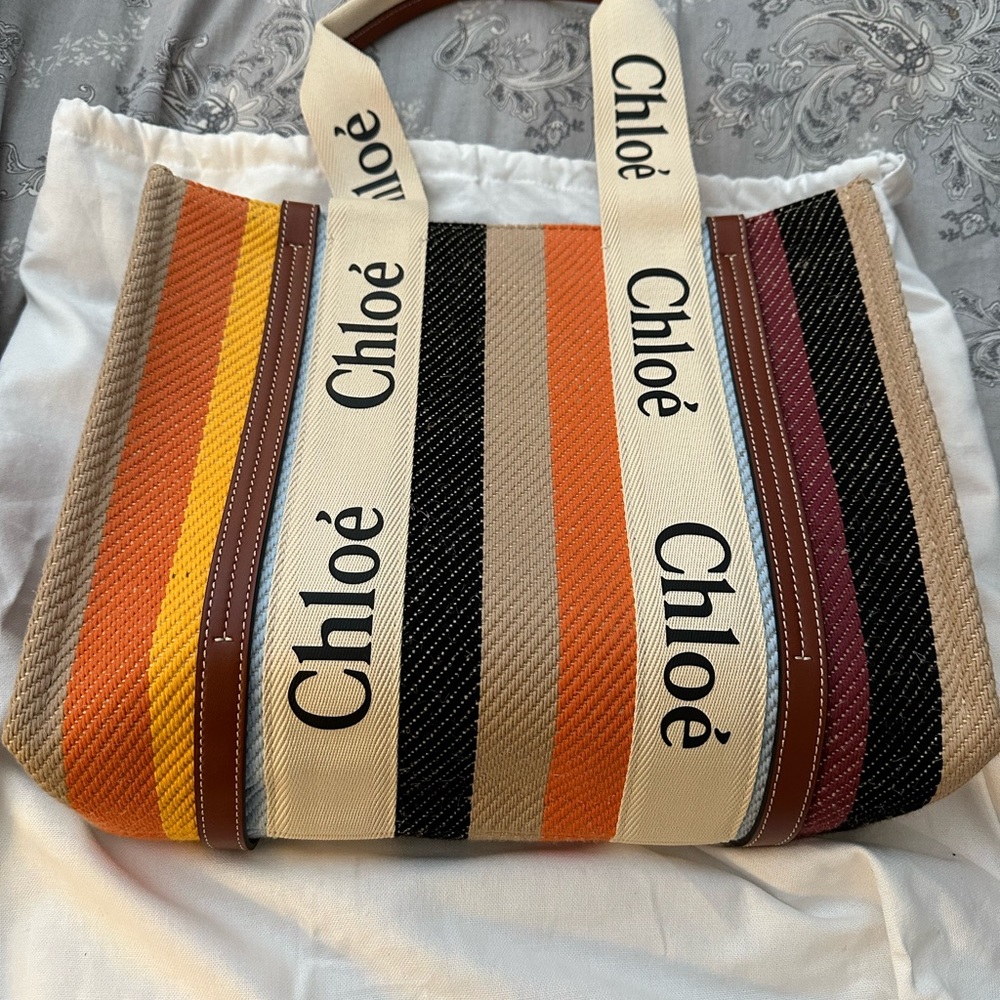 Authentic Chloe Woody Medium Leather-trimmed canvas tote. New!